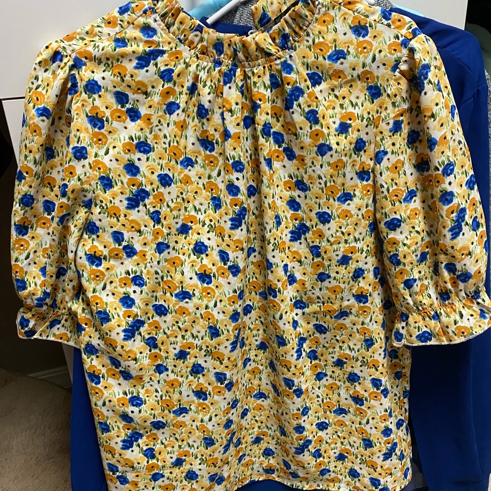 Floral Blouse with Blue and Yellow Flowers